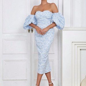 Baby Blue Preppy Womens Off Shoulder Puff Sleeve Split Back Floral Jacquard Dr…